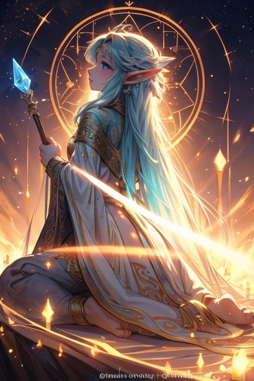 a magical scenery in the background. 🌟✨
!Anime Elf with Magical Background Young elf holds an ancient scroll with frayed edges. The runes and symbols inscribed on it appear to pulse in response to the circle of light. She deciphers the ancient words, seeking to understand its meaning and the purpose of the circle. Magic flows through her, connecting her to the past and future. 🌿🌙✨
The guardian emerges from the shadows of the circle of light, its ethereal and imposing form. He has eyes shining like stars and majestic wings that stretch to his sides.. Your skin is marked by ancient runes, and he holds a staff adorned with luminous crystals. The guardian whispers ancient secrets to the elf, revealing the purpose of the circle and the destiny that awaits her. She kneels, humble and reverent, ready to accept her role in the great mystery that unfolds. 🌟🔮✨