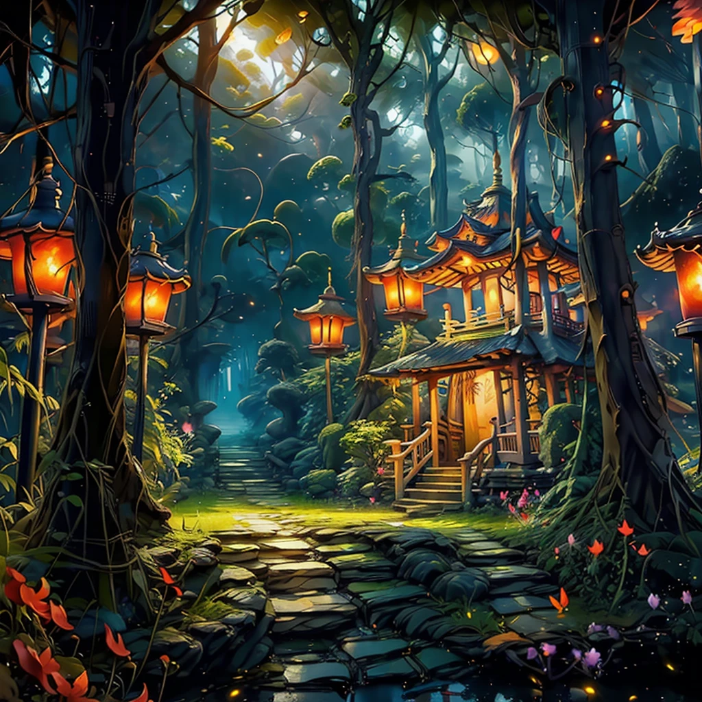 Masterpiece, best quality, 8K, high res, ultra-detailed, no humans, beautiful view, ultra -detailed, fine detailed, highly detailed, intricate, highly detailed, ultra-detailed, scenery, misty atmosphere, solitary, intricate details, delicate features, deep forest, wisps of light, pristine, japanese temple, mysticism, night, red lanterns burning, fireflies, fiery butterflies, gloomy atmosphere, temple in the forest, mossy stairway in the temple, mysterious forest, dilapidated temple, sanctuary, will-o'-the-wisps, dilapidated temple, field of spider lily flowers,wild nature oil painting,wild nature oil painting