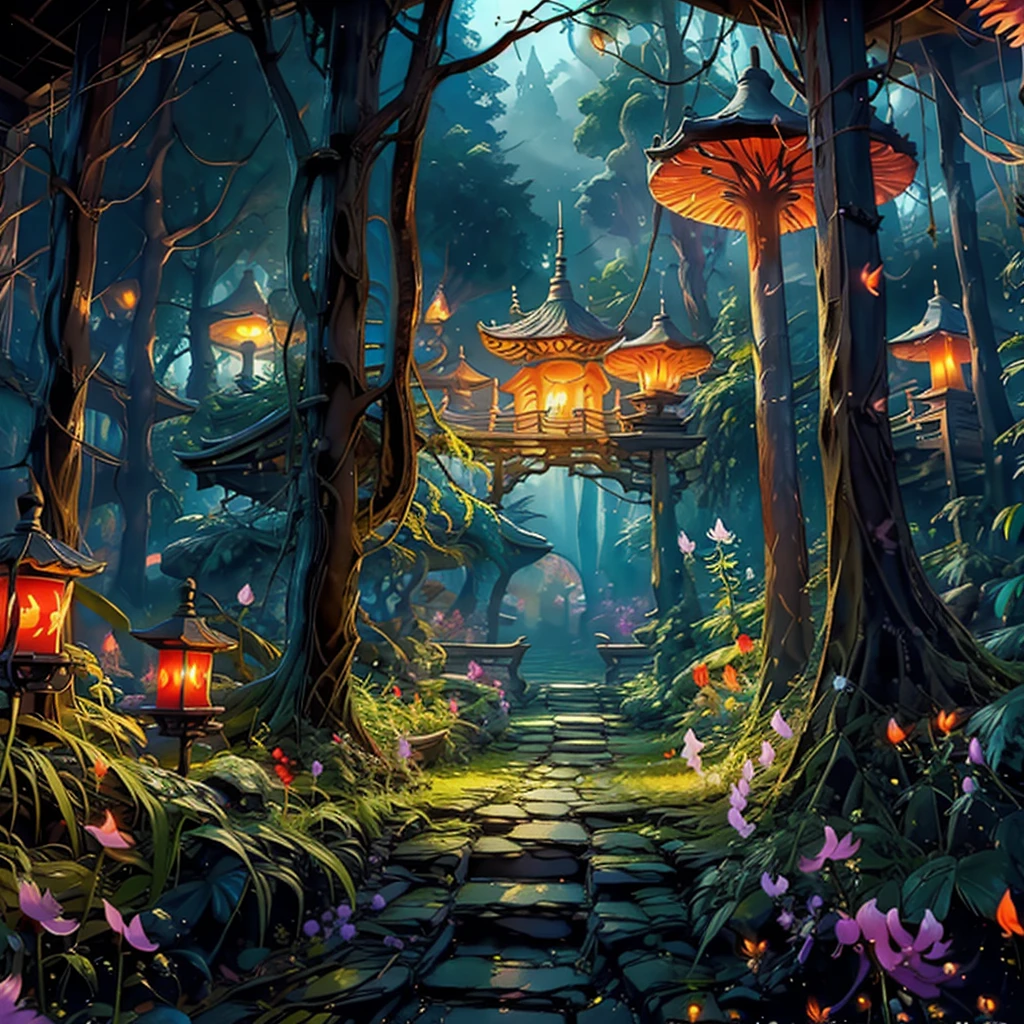 Masterpiece, best quality, 8K, high res, ultra-detailed, no humans, beautiful view, ultra -detailed, fine detailed, highly detailed, intricate, highly detailed, ultra-detailed, scenery, misty atmosphere, solitary, intricate details, delicate features, deep forest, wisps of light, pristine, japanese temple, mysticism, night, red lanterns burning, fireflies, fiery butterflies, gloomy atmosphere, temple in the forest, mossy stairway in the temple, mysterious forest, dilapidated temple, sanctuary, will-o'-the-wisps, dilapidated temple, field of spider lily flowers,wild nature oil painting,wild nature oil painting