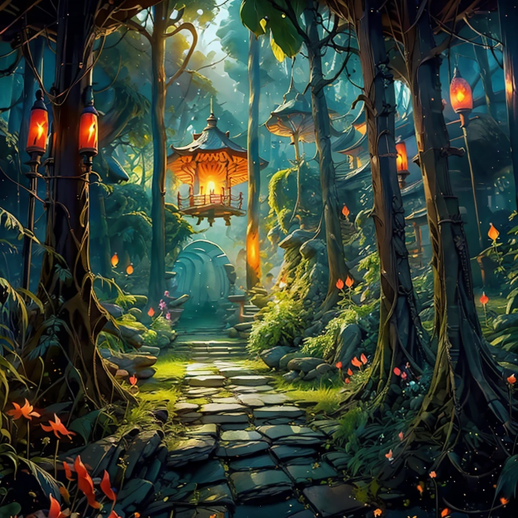 Masterpiece, best quality, 8K, high res, ultra-detailed, no humans, beautiful view, ultra -detailed, fine detailed, highly detailed, intricate, highly detailed, ultra-detailed, scenery, misty atmosphere, solitary, intricate details, delicate features, deep forest, wisps of light, pristine, japanese temple, mysticism, night, red lanterns burning, fireflies, fiery butterflies, gloomy atmosphere, temple in the forest, mossy stairway in the temple, mysterious forest, dilapidated temple, sanctuary, will-o'-the-wisps, dilapidated temple, field of spider lily flowers,wild nature oil painting,wild nature oil painting