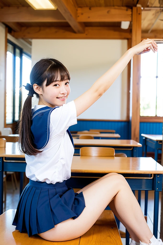 girl taking off blue skirt in sunny wooden school classroom,white sailor shirt,white thong,18-year-old,bangs,a little smile,thighs,knees,short hair with low pigtails bunches,from beside,front light