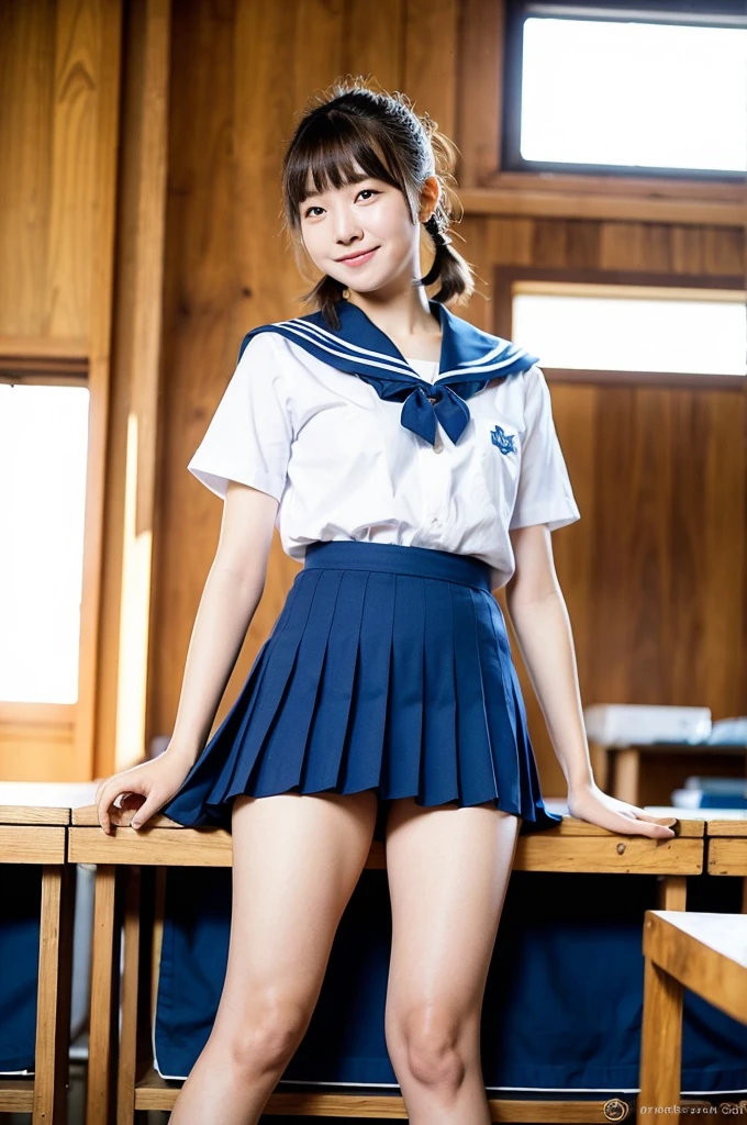 girl taking off blue skirt in sunny wooden school classroom,white sailor shirt,white thong,18-year-old,bangs,a little smile,thighs,knees,short hair with low pigtails bunches,from beside,front light