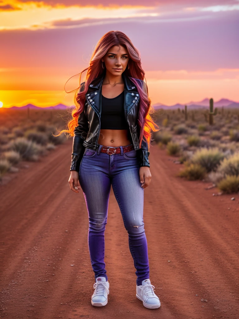 a beautiful woman with sunset shimmer hair, detailed facial features, striking purple eyes, delicate makeup, unzipped black leather jacket, purple shirt, blue jeans, red and white sneakers with white laces, standing in desert landscape of Tucson, Arizona, vibrant orange sunset sky, 8k, highly detailed, masterpiece, photorealistic, cinematic lighting, dramatic colors, detailed hands and feet