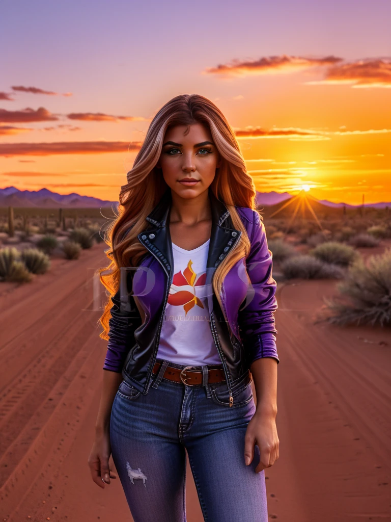 a beautiful woman with sunset shimmer hair, detailed facial features, striking purple eyes, delicate makeup, unzipped black leather jacket, purple shirt, blue jeans, red and white sneakers with white laces, standing in desert landscape of Tucson, Arizona, vibrant orange sunset sky, 8k, highly detailed, masterpiece, photorealistic, cinematic lighting, dramatic colors, detailed hands and feet