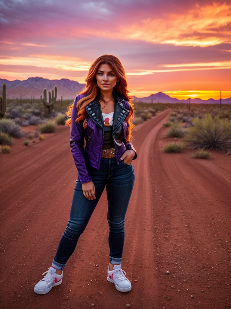 a beautiful woman with sunset shimmer hair, detailed facial features, striking purple eyes, delicate makeup, unzipped black leather jacket, purple shirt, blue jeans, red and white sneakers with white laces, standing in desert landscape of Tucson, Arizona, vibrant orange sunset sky, 8k, highly detailed, masterpiece, photorealistic, cinematic lighting, dramatic colors, detailed hands and feet