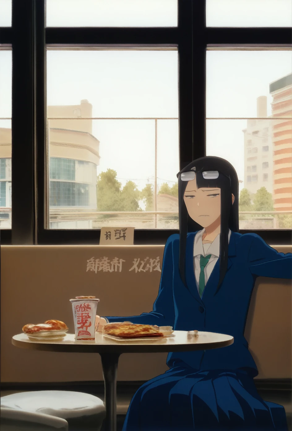 score_9, score_8, score_7, sauce_anime,
evaluation_general, anime, Official Art,
kanamori, Wear glasses on your head, Seraph Freckles, Pleated skirt, blazer, Blue Skirt, Long skirt,
One girl, alone,Shame face, restaurant, Sitting,Spreading her legs,Showing off her satin panties, window