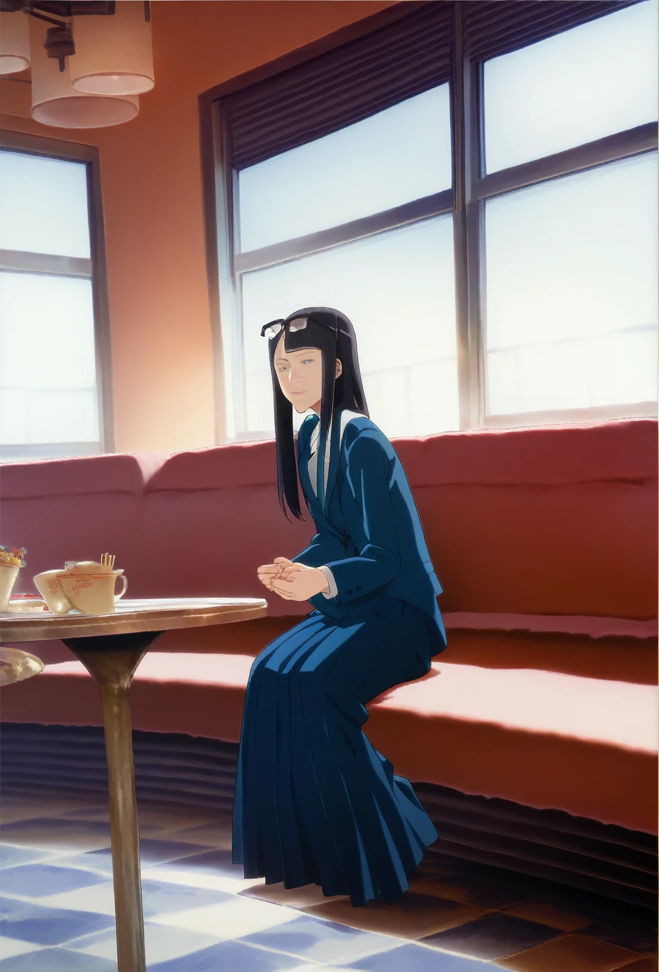 score_9, score_8, score_7, sauce_anime,
evaluation_general, anime, Official Art,
kanamori, Wear glasses on your head, Seraph Freckles, Pleated skirt, blazer, Blue Skirt, Long skirt,
One girl, alone,Shame face, restaurant, Sitting,Spreading her legs,Showing off her satin panties, window