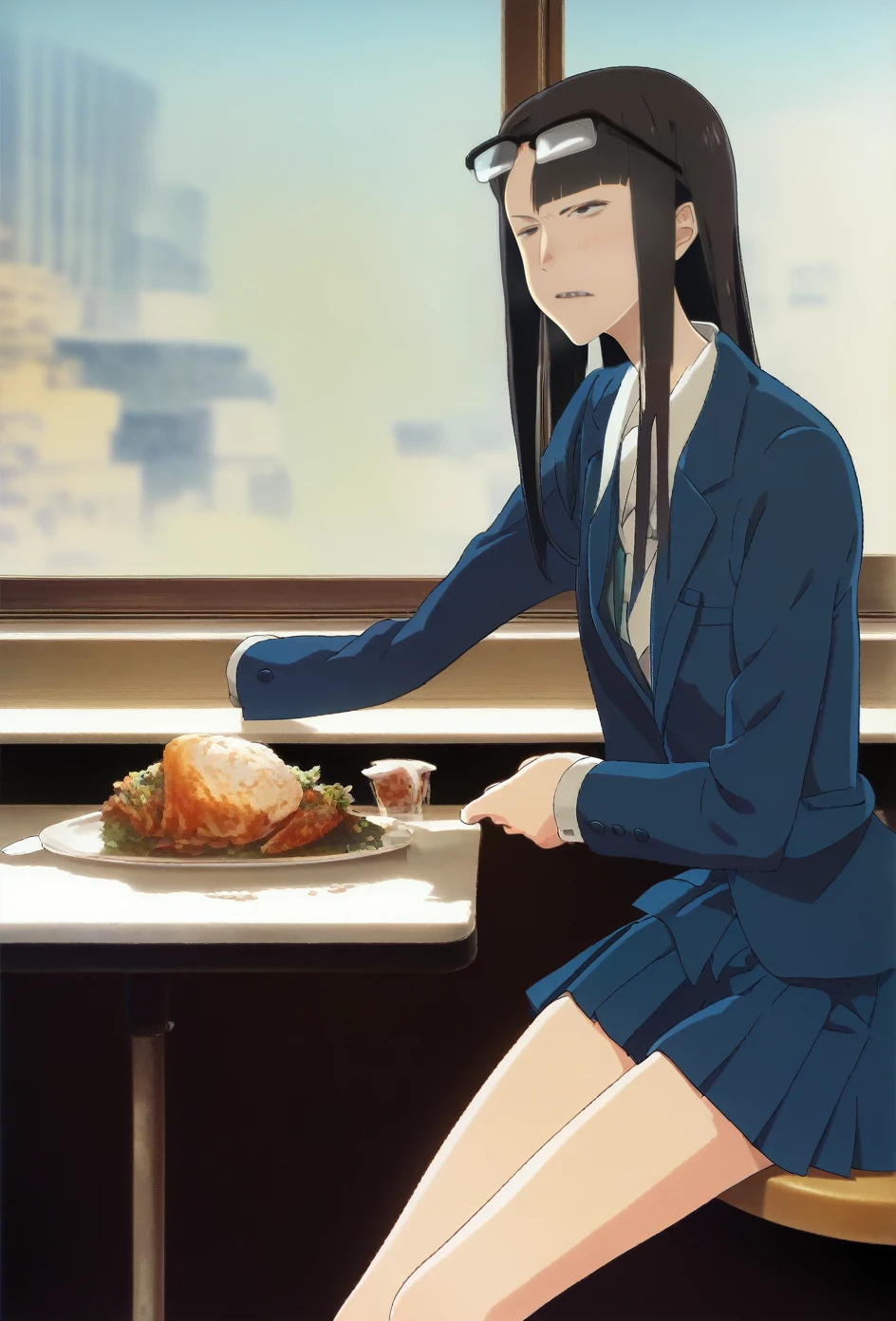 score_9, score_8, score_7, sauce_anime,
evaluation_general, anime, Official Art,
kanamori, Wear glasses on your head, Seraph Freckles, Pleated skirt, blazer, Blue Skirt, Long skirt,
One girl, alone,Shame face, restaurant, Sitting,Spreading her legs,Showing off her satin panties, window