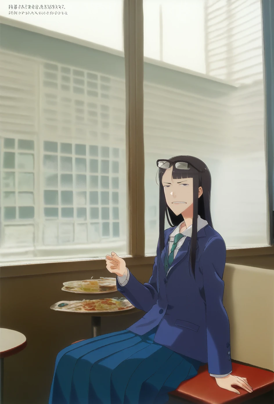 score_9, score_8, score_7, sauce_anime,
evaluation_general, anime, Official Art,
kanamori, Wear glasses on your head, Seraph Freckles, Pleated skirt, blazer, Blue Skirt, Long skirt,
One girl, alone,Shame face, restaurant, Sitting,Spreading her legs,Showing off her satin panties, window