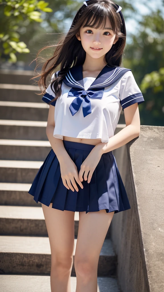 8k UHD、Digital single-lens reflex camera、High resolution、shallow depth of field、Natural light、(((sailor suit)))、(((Dark blue super mini skirt)))、(((full body shot)))、small person、(((young face)))、1 Japanese girl、16 years old; beautiful girl、(black hair)、(((brown eyes)))、Glossy skin、smooth thin hair、long hair、detailed background、highly detailed eyes and face、clear eyes、cute smile、Calm atmosphere、(((climb the stairs)))、(((detailed small breasts)))、(((beautiful eyes)))、petya pie、children `s、(((tight thighs)))、(((white panties)))、(((angle from below) ))、(((detailed lips)))、(((The skirt is fluttering)))、beautiful shining legs、((nsfw))