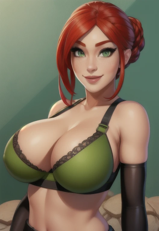 Cassie,red hair,bangs, long hair, hair down, green eyes,solo,smiling, (covered nipples:0.6), breat breast squeeze,  arms down, 
crop top,fingerless elbow gloves,cleavage,
morning,lake,
(insanely detailed, beautiful detailed face, masterpiece, best quality),
