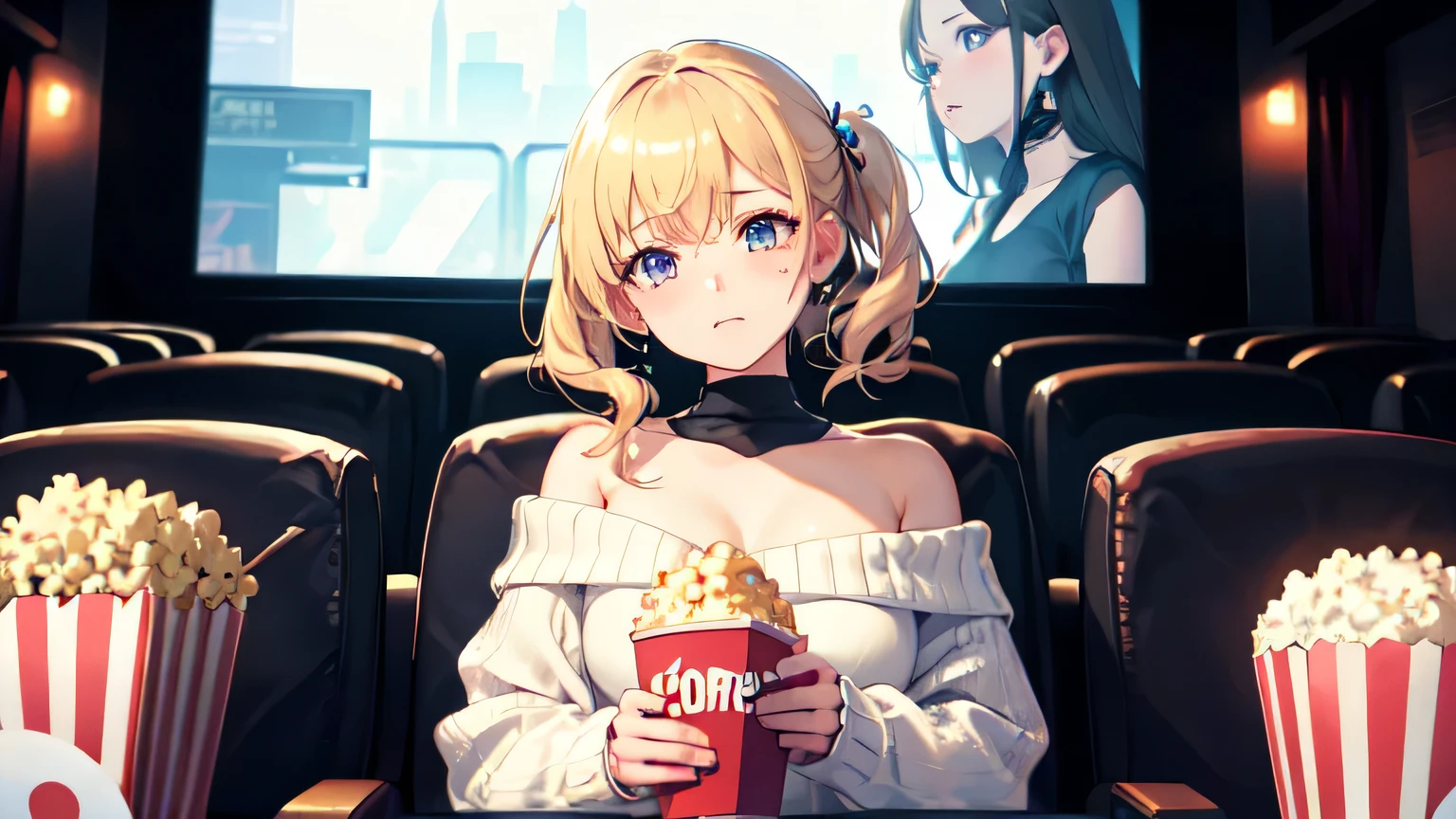 ((Highest quality)), ((masterpiece)), (detailed), One girl, Off-the-shoulder sweater, movie theatre、Tears、Smooth Hair、blonde、Popcorn、