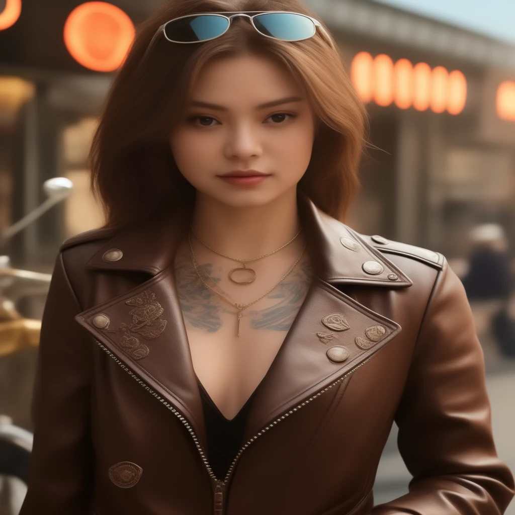 Young Asian woman has a 3D black leather jacket tattoo., 8K, Images captured with a high quality Canon 45 camera.,000,000 pixcls, realistic light colors