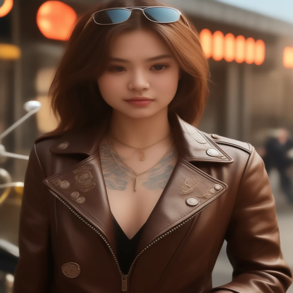 Young Asian woman has a 3D black leather jacket tattoo., 8K, Images captured with a high quality Canon 45 camera.,000,000 pixcls, realistic light colors