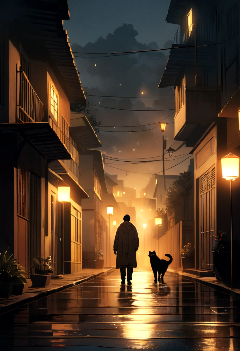 Create a scene, at night, on a dark street inspired by the streets of Rio de Janeiro, lit only by the yellow light of a distant streetlight. the street tiles are wet and fog hangs in the air. The street is deserted, only one man stands out in the landscape. A man wears white warm clothes and black hair. A walking cat on the wall of one of the houses. (the scene needs to have a noir atmosphere)