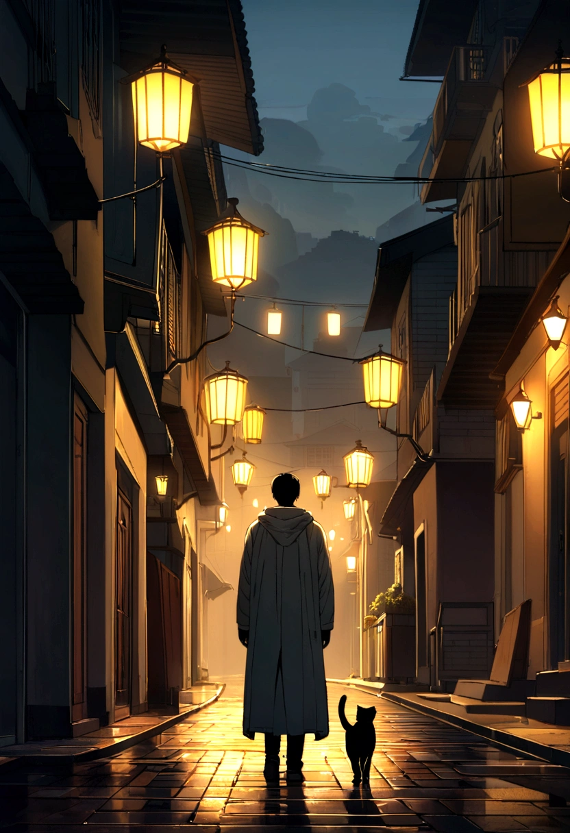 Create a scene, at night, on a dark street inspired by the streets of Rio de Janeiro, lit only by the yellow light of a distant streetlight. the street tiles are wet and fog hangs in the air. The street is deserted, only one man stands out in the landscape. A man wears white warm clothes and black hair. A walking cat on the wall of one of the houses. (the scene needs to have a noir atmosphere)