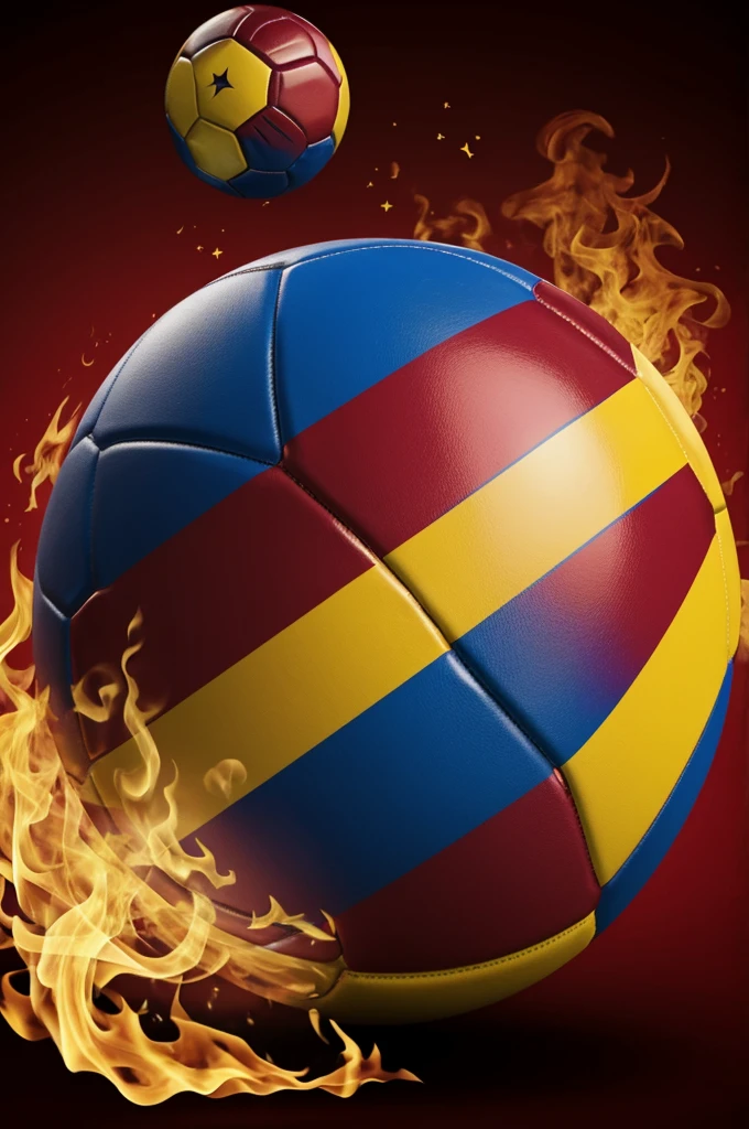 Soccer ball with the burgundy yellow blue Venezuela flag with stars and red fire soccer players in the background a masterpiece
