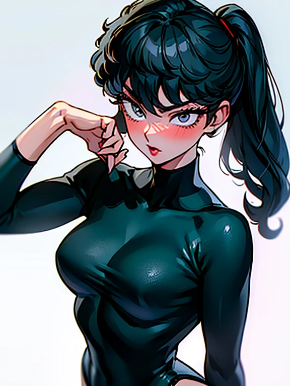 kodachikunou, gorgeous girl standing sexy, ((KodachiGreenLeotard)), ((tight leotard, deep cleavage)), perfect , beautiful detailed face, ((detailed grey eyes, long eyelashes)), serious gesture_bad mood, red lip gloss, ((blushing face)), perfect body, perfect legs, (cameltoe), masterpiece, highres, 8K_definition, ((plain background:1.3))