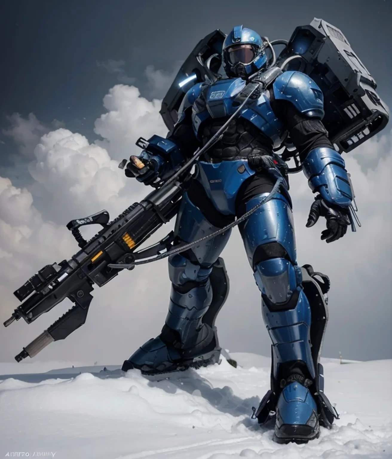 Soldier with a modern heavy blue metal suit with white details, futuristic helmet with blue visor, huge futuristic weapon, has turbines on the back, cables and tubes, he is in a snowy Norwegian forest, extreme cold effect, ultra realistic, Ultra detailed, hyper realistic, 4k, Ultra detailed image, realistic, Highly detailed, perfect composition, gorgeous, Intricately detailed, incredibly detailed, Art photography 8K, hyper detailed, Masterpiece, Ultra detailed, hyper realistic, 4k, Ultra detailed image, realistic, Highly detailed , perfect composition, beautiful, intricately detailed, incredibly detailed, 8k fine art photography, hyper detailed, Masterpiece