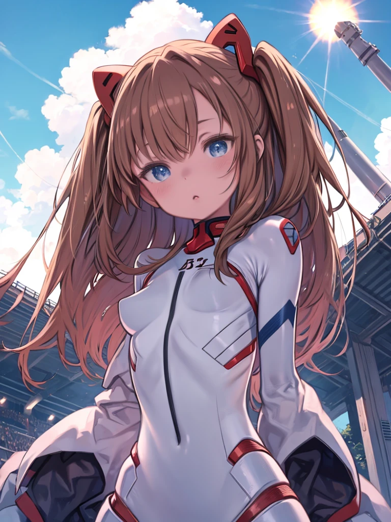 Brown-haired girl、long hair、、Blue Eyes、Pilot Suit、Plug Suit、Clothes that fit the body、Red good clothes、sun、Blue Sky Rei Ayanami、Asuka Langley、Angle from below、、Watching the audience、Upper Body、Twisting the body、