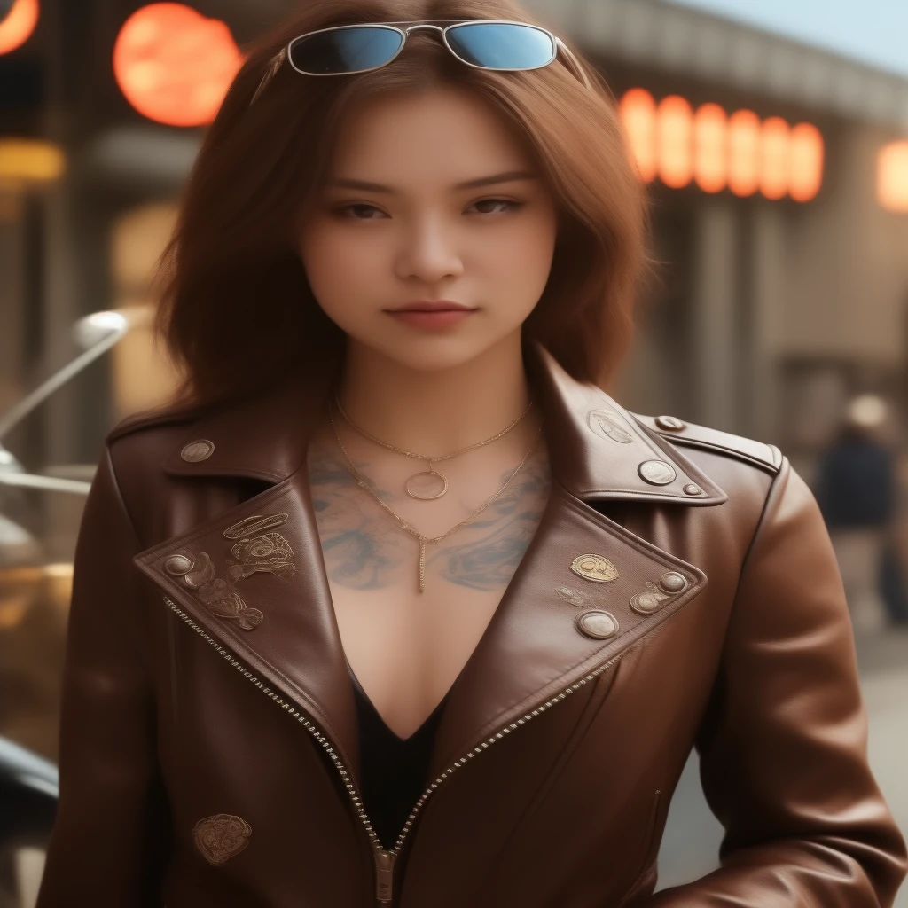Young Asian woman with tattoo in black leather jacket Images captured with a high quality Canon 45 camera.,000,000 pixcls, realistic light colors