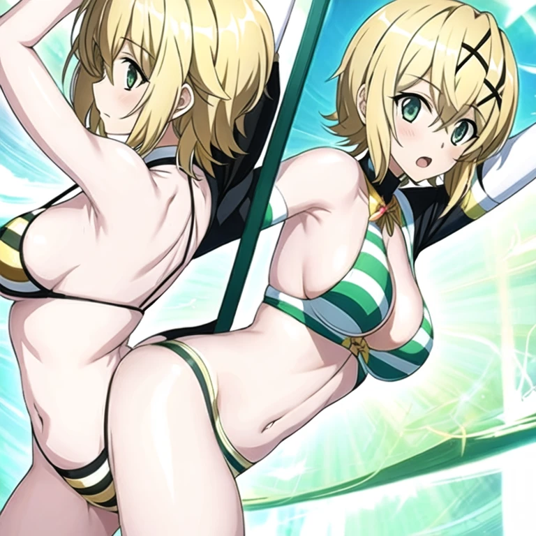 (masterpiece, best quality:1.2), 1girl, solo(short stature), (slender), narrow waist, yellow blonde hair, short hair, short hair with short locks, side locks, X hairpin, (green eyes), ,((horizontal striped pattern)), (green striped ) , 