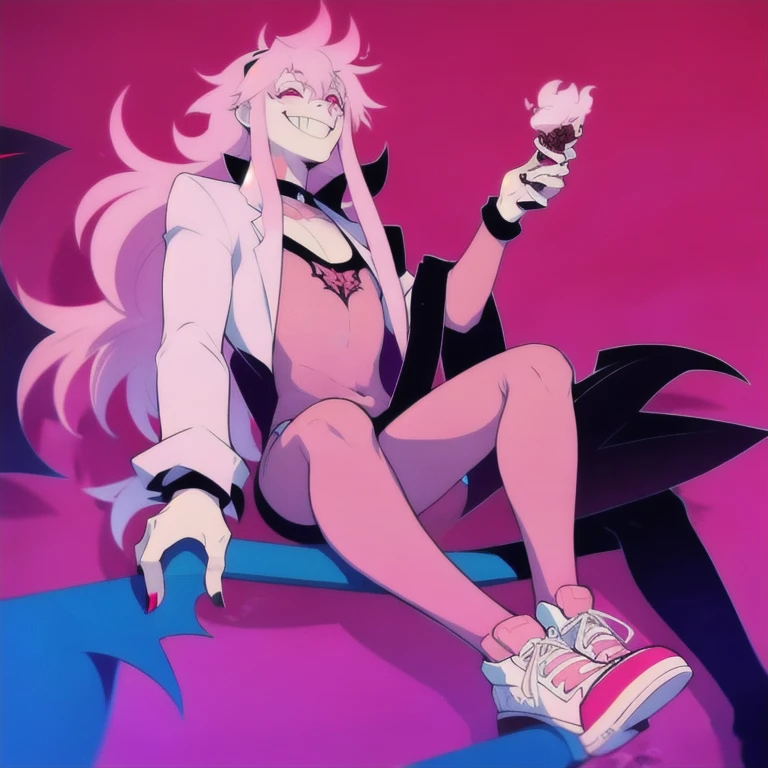 (masterpiece, best quality:1.2), 1Boy, solo, demon, femboy, cute, roz, demon roz, pink, pink hair, black left eye, pink right eye, smile, White skin, striped hose, demon tail, black nails, long hair, long pink hair, pink sneakers, open shirt, black ear piercing, black choker, simple background