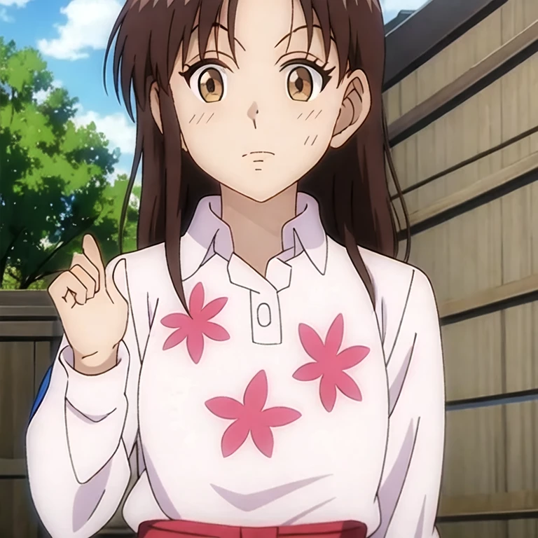 (masterpiece, best quality:1.2), 1girl, yumiko koizumi<lora yumiko koizumi:1.22>, asymmetrical bangs, bangs, black hair, blue sky, brown eyes, brown hair, cloud, cloudy sky, dress, eyebrows visible through hair, floral print, hand up, index finger raised, long hair, long sleeves, looking at viewer, outdoors, shirt, sky, tree, upper body, white shirt