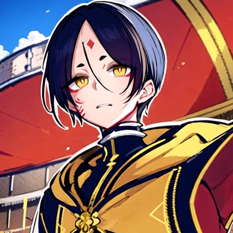 (masterpiece, best quality:1.2), hui xiyi,1boy, black hair, face, facial mark, forehead, bangs, looking at viewer, short hair, solo, tattoo, upper body, yellow eyes, rekkyo sensen, chinese clothes, black clothes, red jacket, silver choker, background((sky, blue sky, colosseum, stage, flower))