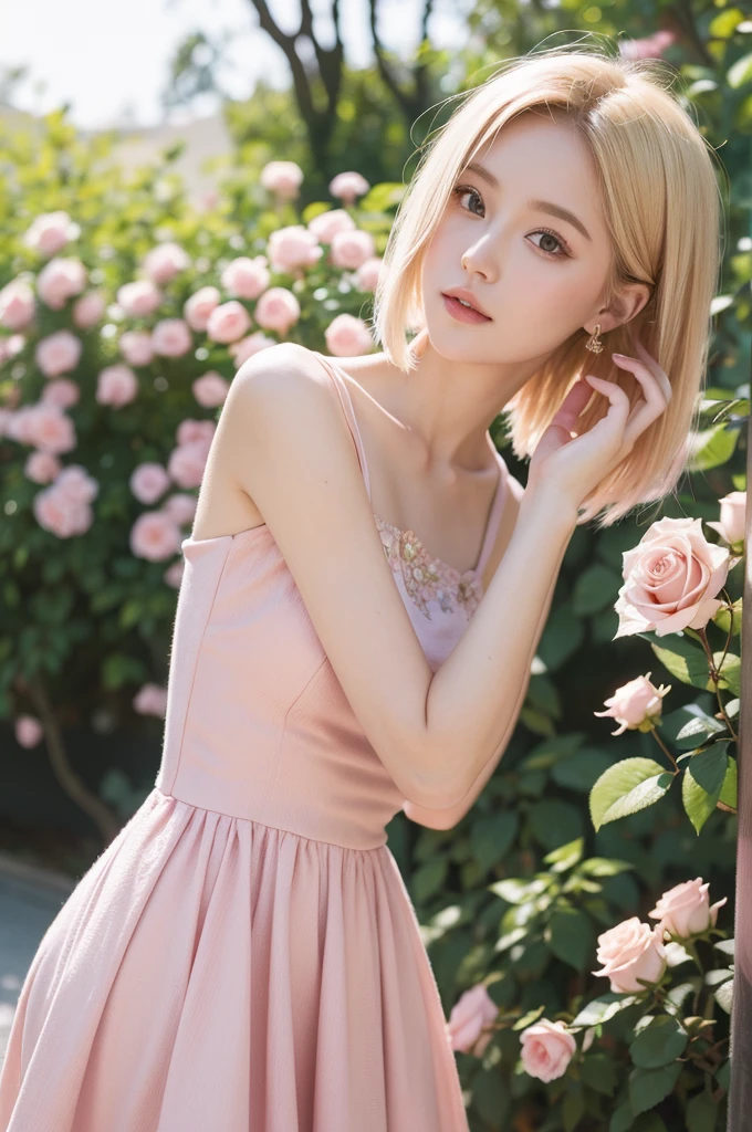 8k, RAW photo, Fujifilm, style photo of a beautiful young woman as avril in a garden of light pink roses (highly detailed skin: 1.2) Style-Petal BREAK short hair, blonde hair with colored locks, wearing a dress, film granulation, 35mm, cute style