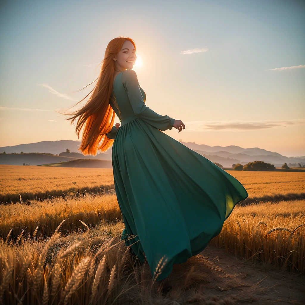 1 girl, solo, long orange hair, running, (high wheat field), turning around, emerald eyes, long blue dress, middle ages, medieval outfit, long sleeves sunset, light from behind, shadow on the figure, smile, laughter, (blue sky), against the background of wheat, standing in the distance, looking at the viewer, full-length