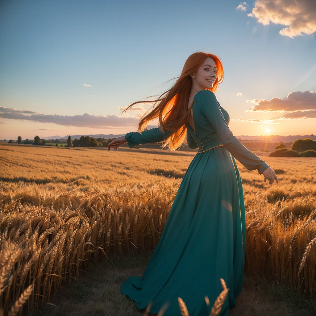 1 girl, solo, long orange hair, running, (high wheat field), turning around, emerald eyes, long blue dress, middle ages, medieval outfit, long sleeves sunset, light from behind, shadow on the figure, smile, laughter, (blue sky), against the background of wheat, standing in the distance, looking at the viewer, full-length