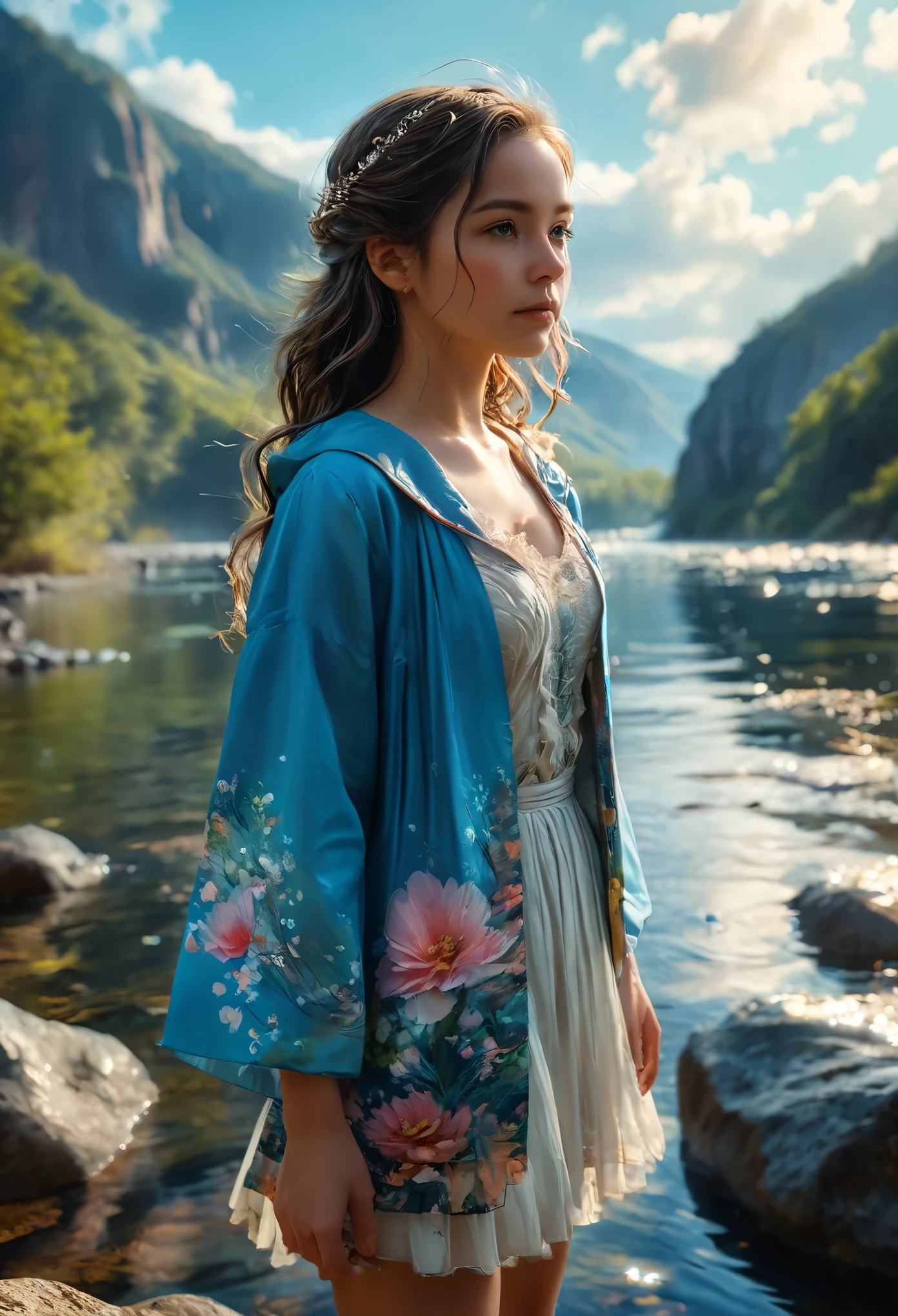 masterpiece, the highest quality, high quality, Very detailed CG unity 8k wallpaper, landscape, Outdoor, null, cloud, null, A cute girl is standing, Mountain, landscape, water, wood, blue null, waterfall, cliff, nature, lake, river , cloudy skies, Award-winning photography, Bokeh, Depth of written boundary, High resolution, bloom, chromatic aberration, Photorealism, Very detailed, Trending on Art Station, Trending on CGSociety, Complex, High detail, dramatic, Art on the road