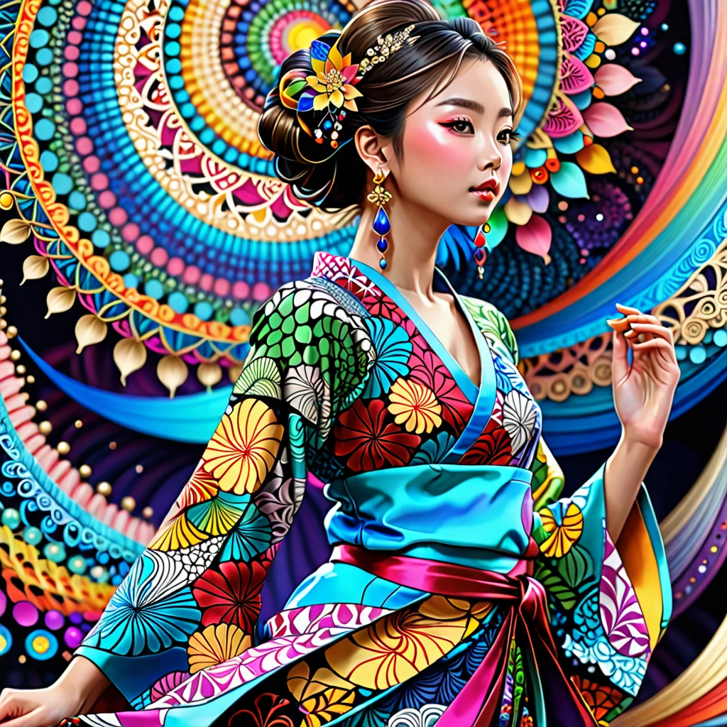 (masterpiece, top quality, best quality, official art, beautiful and aesthetic:1.2), (1girl:1.3), extremely detailed,(fractal art:1.1),(colorful:1.1),highest detailed,(zentangle:1.2), (dynamic pose), (abstract background:1.5), (japanese dress:1.2), (shiny skin), (many colors:1.4), ,(earrings:1.4),