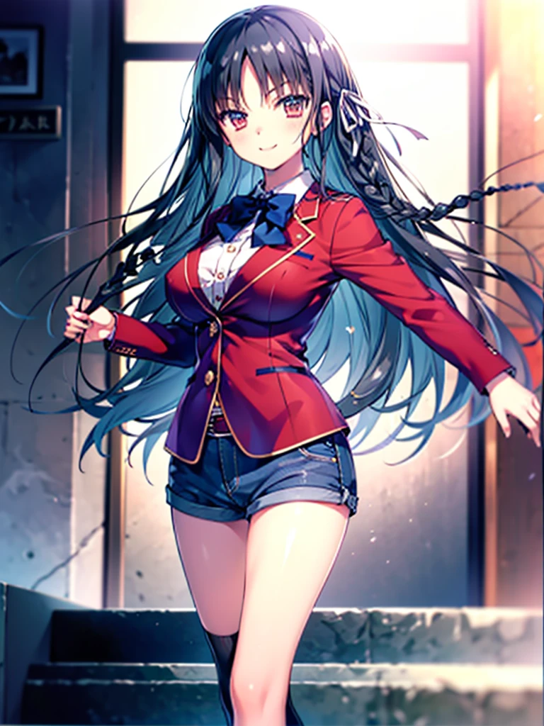 (8K, Highest quality, Highest quality, masterpiece), aasuzune, long hair, black hair, (single braid:1.2), hair ribbon, red jacket, blazer, blue bowtie, long sleeves, black thighhighs, smile, denim hot shorts, mini shorts, big breasts