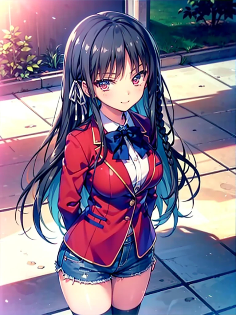 (8K, Highest quality, Highest quality, masterpiece), aasuzune, long hair, black hair, (single braid:1.2), hair ribbon, red jacket, blazer, blue bowtie, long sleeves, black thighhighs, smile, denim hot shorts, mini shorts, big breasts