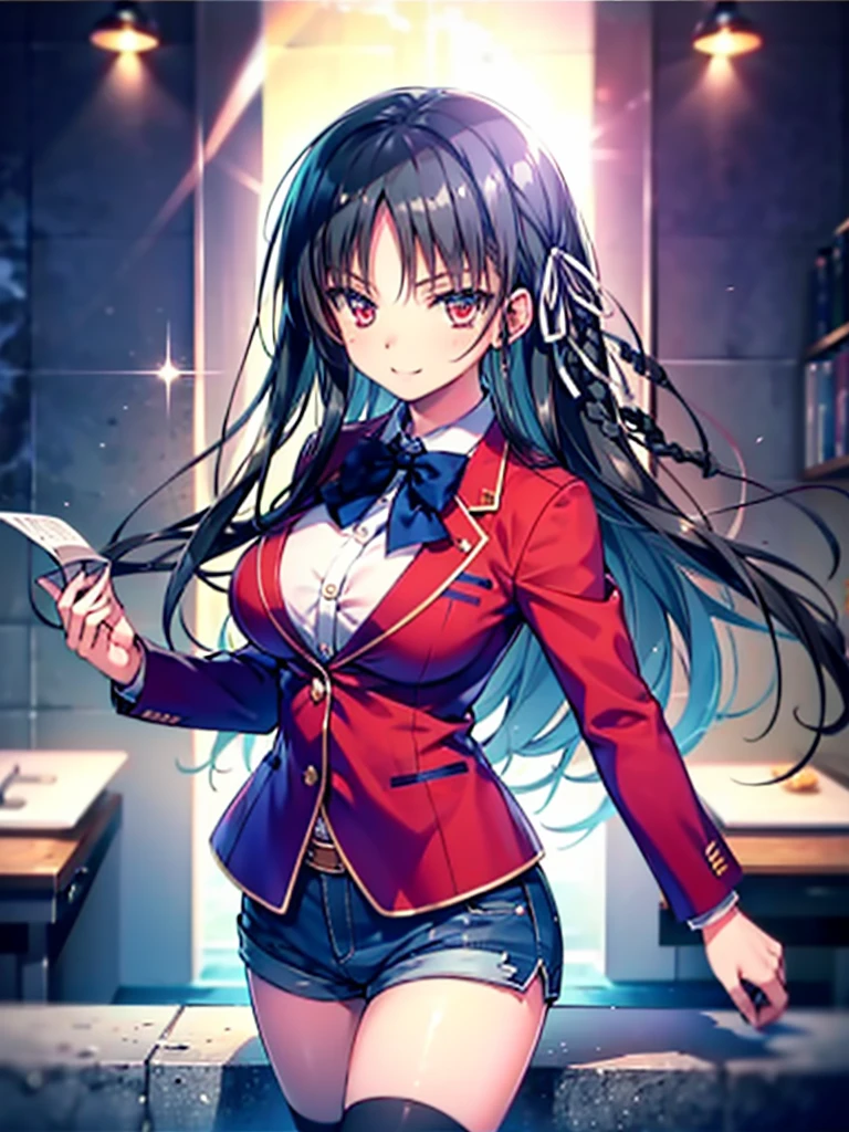 (8K, Highest quality, Highest quality, masterpiece), aasuzune, long hair, black hair, (single braid:1.2), hair ribbon, red jacket, blazer, blue bowtie, long sleeves, black thighhighs, smile, denim hot shorts, mini shorts, big breasts