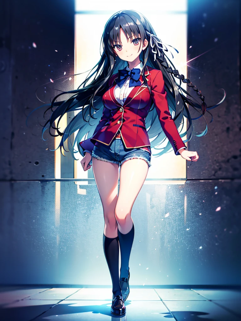 (8K, Highest quality, Highest quality, masterpiece), aasuzune, long hair, black hair, (single braid:1.2), hair ribbon, red jacket, blazer, blue bowtie, long sleeves, black thighhighs, smile, denim hot shorts, mini shorts, big breasts