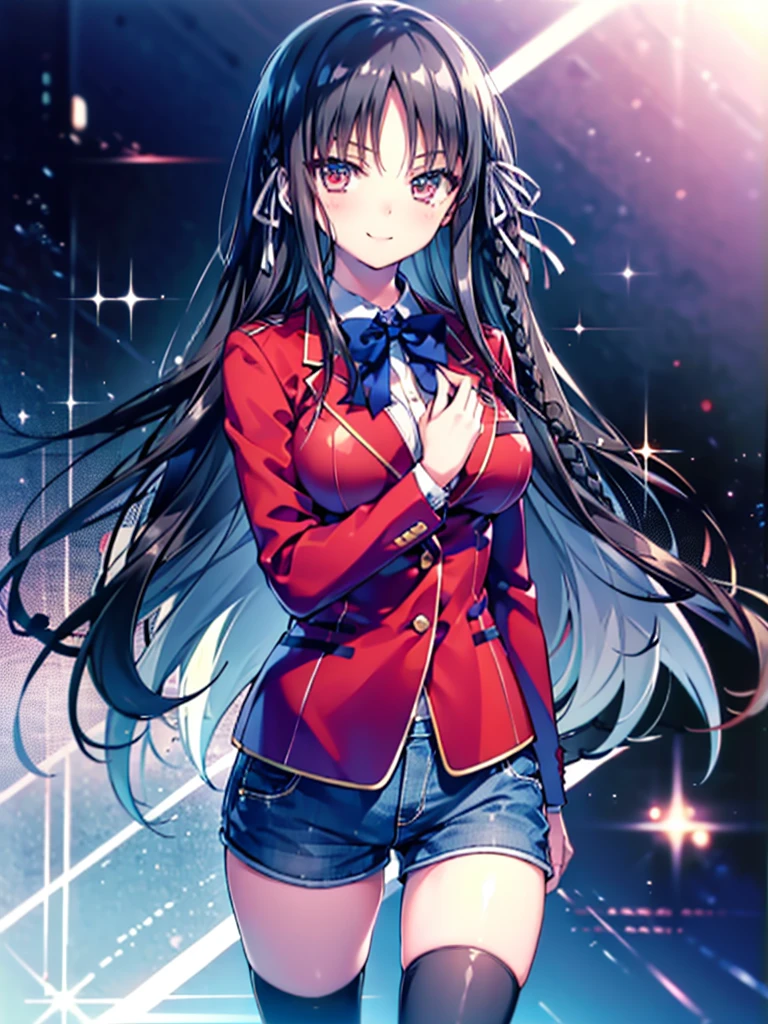 (8K, Highest quality, Highest quality, masterpiece), aasuzune, long hair, black hair, (single braid:1.2), hair ribbon, red jacket, blazer, blue bowtie, long sleeves, black thighhighs, smile, denim hot shorts, mini shorts, big breasts