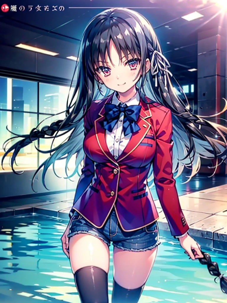 (8K, Highest quality, Highest quality, masterpiece), aasuzune, long hair, black hair, (single braid:1.2), hair ribbon, red jacket, blazer, blue bowtie, long sleeves, black thighhighs, smile, denim hot shorts, mini shorts, big breasts