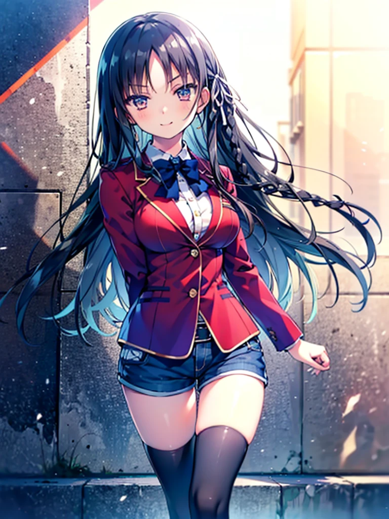(8K, Highest quality, Highest quality, masterpiece), aasuzune, long hair, black hair, (single braid:1.2), hair ribbon, red jacket, blazer, blue bowtie, long sleeves, black thighhighs, smile, denim hot shorts, mini shorts, big breasts