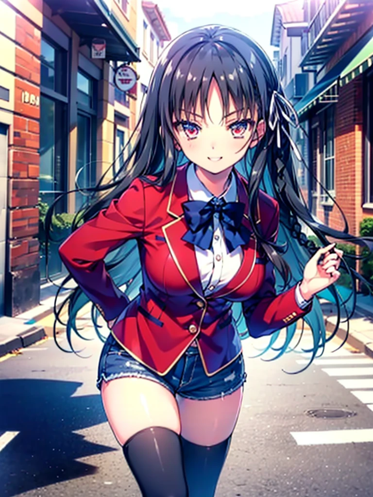 (8K, Highest quality, Highest quality, masterpiece), aasuzune, long hair, black hair, (single braid:1.2), hair ribbon, red jacket, blazer, blue bowtie, long sleeves, black thighhighs, smile, denim hot shorts, mini shorts, big breasts