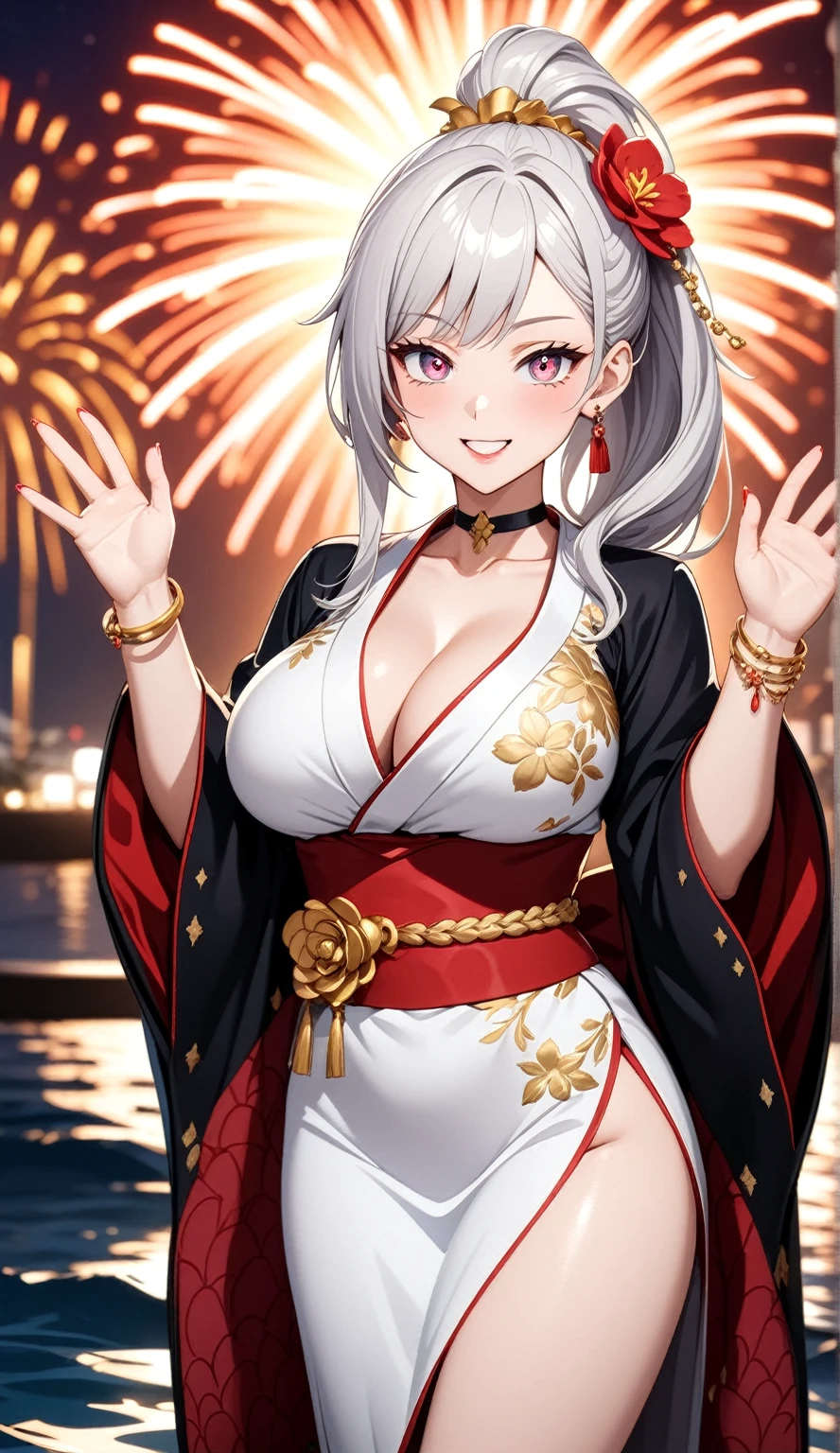 ((One personの女性)), Beautiful Face, (Laughing embarrassedly), (naughty face), ((Wink:1.8)), ((waving at viewer:1.3)), Laugh with your mouth wide open,((Bright red cheeks:1.4)),Shiny red lips, night,横浜のnight景,You can see the ocean, firework,,Glossy pink lips,Facial lighting,((Anime style background)),masterpiece, Highest quality, so beautiful,up to date, Complex details, (Pink long nails), (ring),(bracelet),(choker),AI-generated, Complex,High resolution, Highest quality, super high quality,3D Images、3D Images,One person,Long white hair,High Ponytail,(blue eyes),Anime woman posing for a photo, ((Fine grain、Silvery white colorful eyes、Shining Eyes:1.3)),(Squint your eyes:1.1),a hyperRealistic , hyperRealistic , Realistic,Anime woman with long white hair, Smooth anime CG art, A woman in a colorful kimono with gold embroidery, (Black long sleeve kimono),Red floral pattern,Long flower hair ornament,Earrings,Mature Body,(Big Breasts:1.1),Tall,Abdominal muscles,Narrow waist,(Zoom up to face), ((front view)),