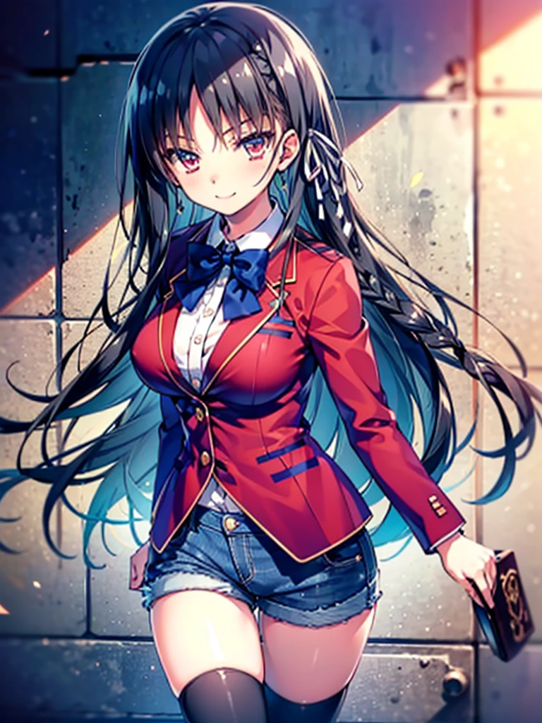 (8K, Highest quality, Highest quality, masterpiece), aasuzune, long hair, black hair, (single braid:1.2), hair ribbon, red jacket, blazer, blue bowtie, long sleeves, black thighhighs, smile, denim hot shorts, mini shorts, big breasts