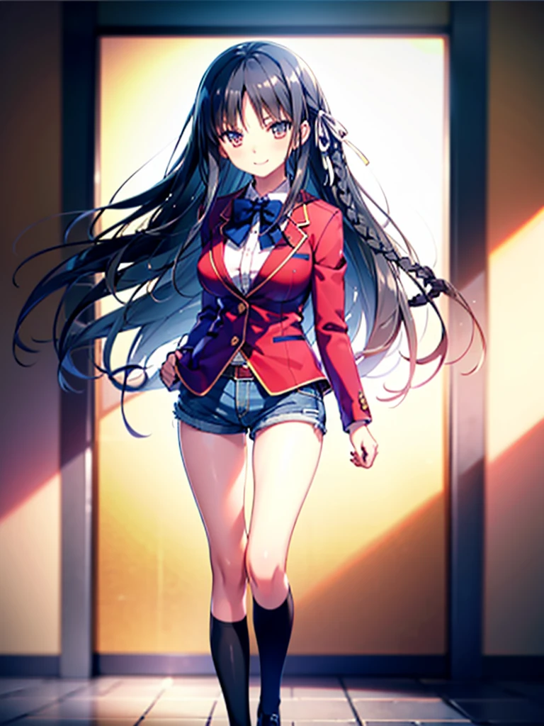 (8K, Highest quality, Highest quality, masterpiece), aasuzune, long hair, black hair, (single braid:1.2), hair ribbon, red jacket, blazer, blue bowtie, long sleeves, black thighhighs, smile, denim hot shorts, mini shorts, big breasts