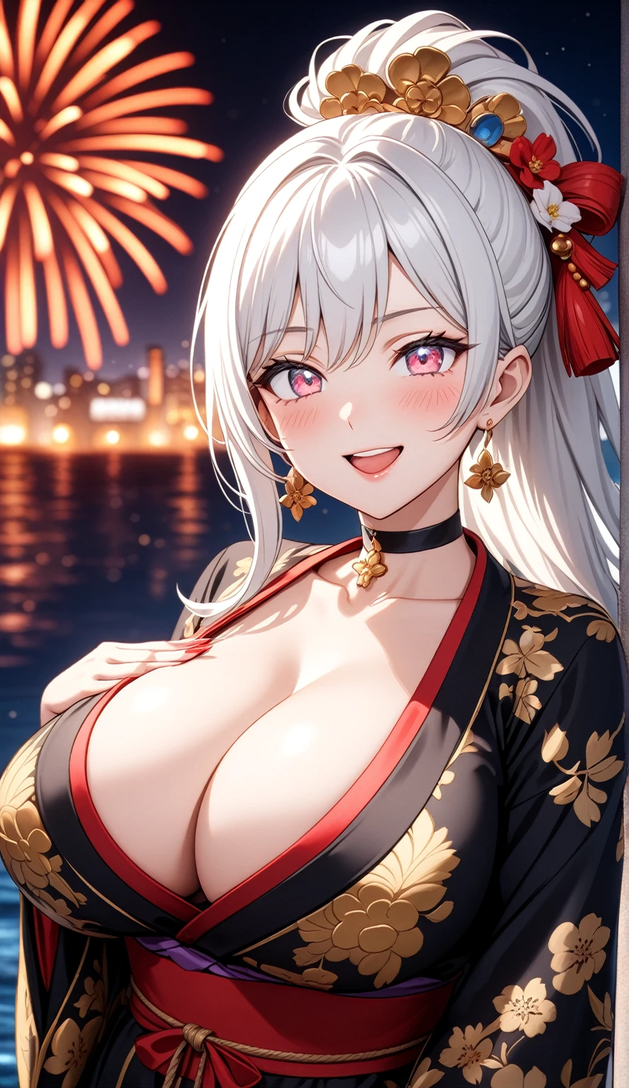 ((One personの女性)), Beautiful Face, (Laughing embarrassedly), (naughty face), ((Wink:1.8)),((Hold your chest with both arms、Creating a valley)), Laugh with your mouth wide open,((Bright red cheeks:1.4)),Shiny red lips, night,横浜のnight景,You can see the ocean, firework,,Glossy pink lips,Facial lighting,((Anime style background)),masterpiece, Highest quality, so beautiful,up to date, Complex details, (Pink long nails), (ring),(bracelet),(choker),AI-generated, Complex,High resolution, Highest quality, super high quality,3D Images、3D Images,One person,Long white hair,High Ponytail,(blue eyes),Anime woman posing for a photo, ((Fine grain、Silvery white colorful eyes、Shining Eyes:1.3)),(Squint your eyes:1.1),a hyperRealistic , hyperRealistic , Realistic,Anime woman with long white hair, Smooth anime CG art, A woman in a colorful kimono with gold embroidery, (Black long sleeve kimono),Red floral pattern,Long flower hair ornament,Earrings,Mature Body,(Big Breasts:1.1),Tall,Abdominal muscles,Narrow waist,(Zoom up to face), ((front view)),