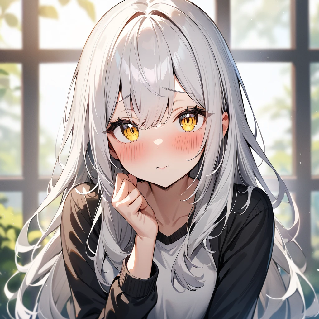 1girl,White hair,shiny hair,shy,yellow eyes,blush ,Detailed eyes,masterpiece,best quality,very aesthetic,absurdres,looking at viewer