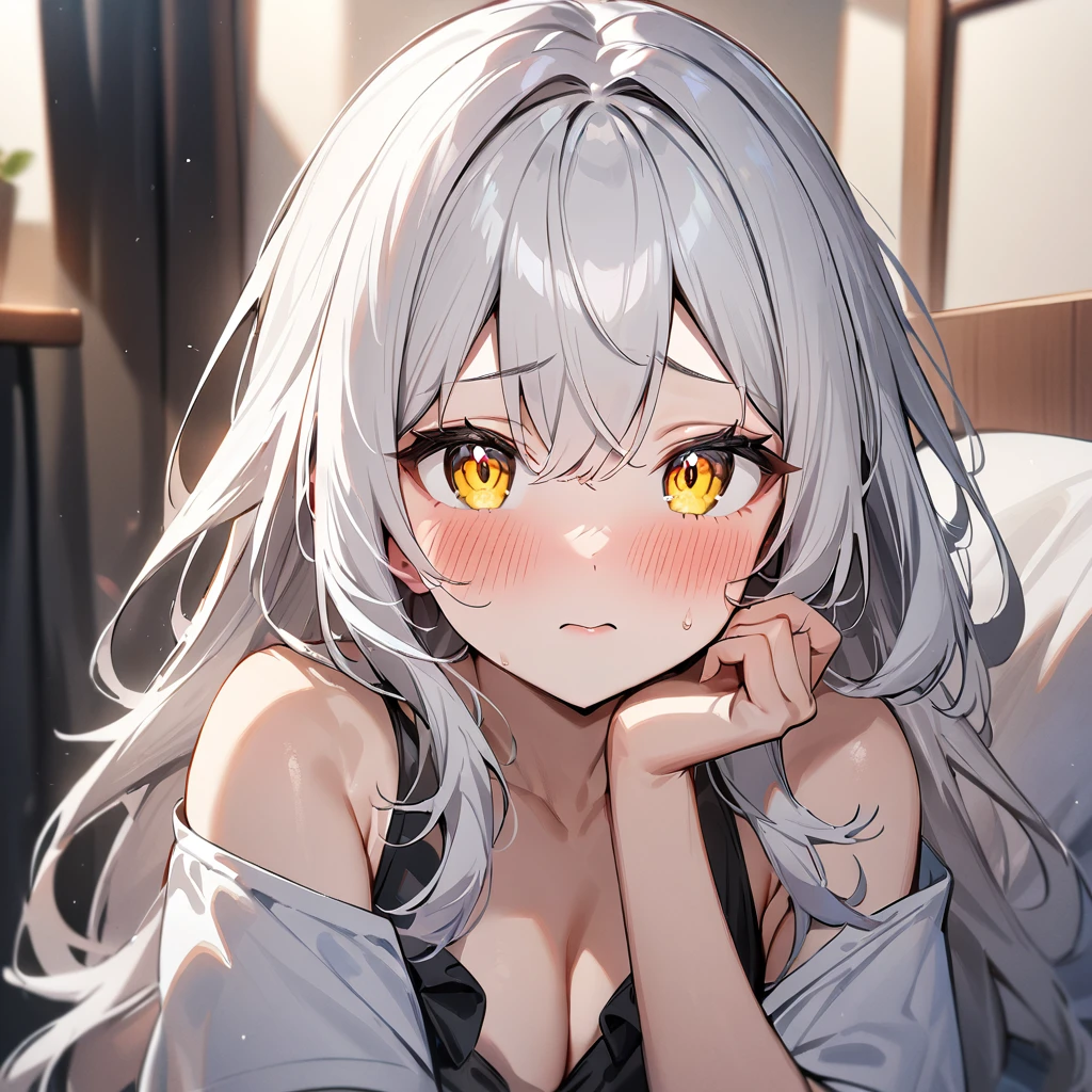 1girl,White hair,shiny hair,shy,yellow eyes,blush ,Detailed eyes,masterpiece,best quality,very aesthetic,absurdres,looking at viewer