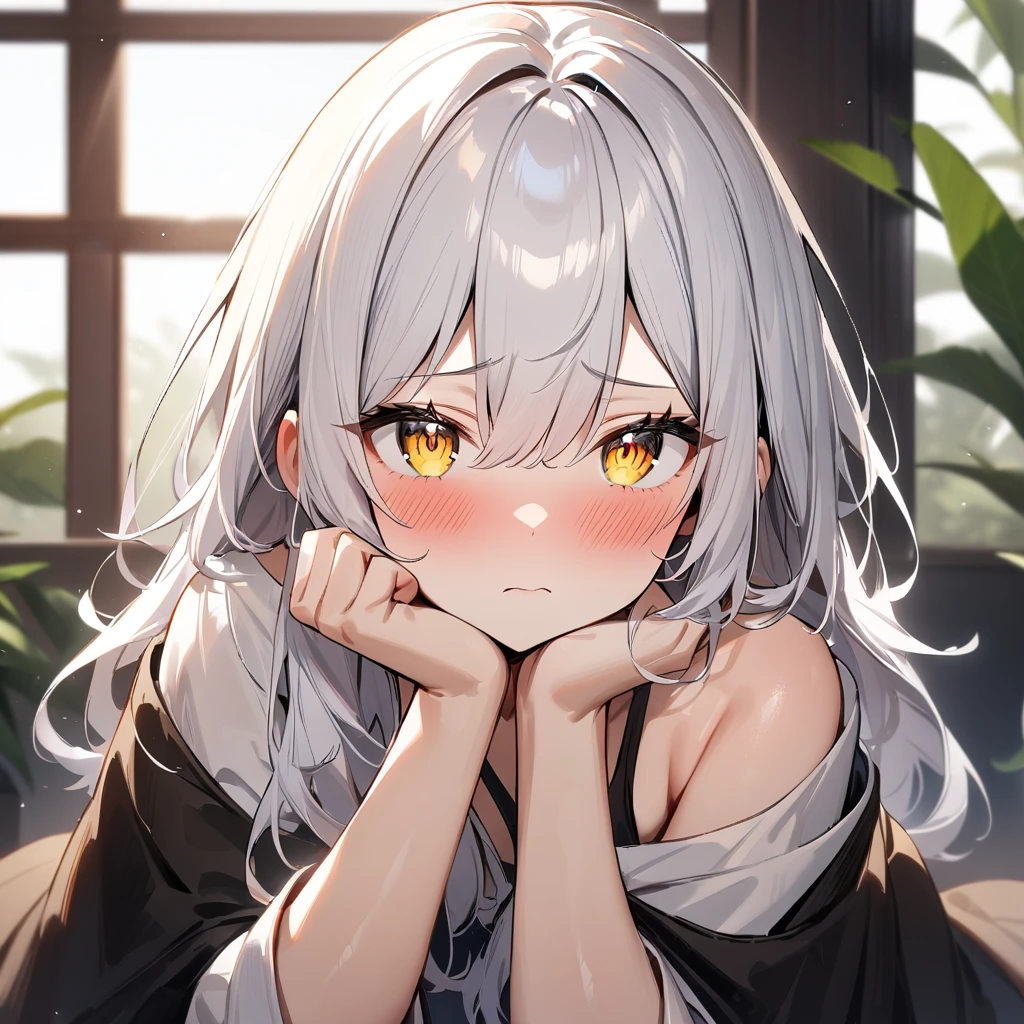 1girl,White hair,shiny hair,shy,yellow eyes,blush ,Detailed eyes,masterpiece,best quality,very aesthetic,absurdres,looking at viewer