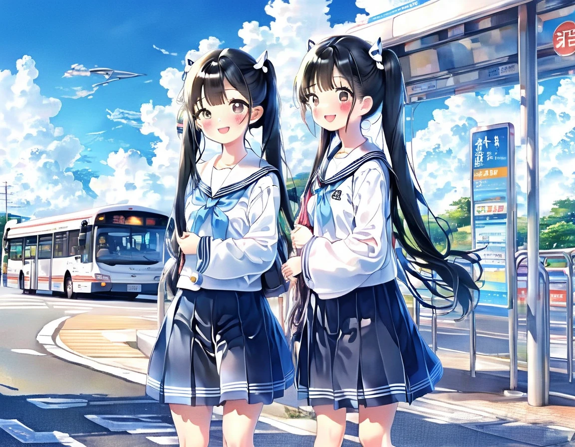 Black long hair、Two beautiful girls with twin tails、Sailor suit、Bright smile、Full Body View、Waiting for a bus at the bus stop、I can see the bus、White clouds in blue sky、Face Highlights